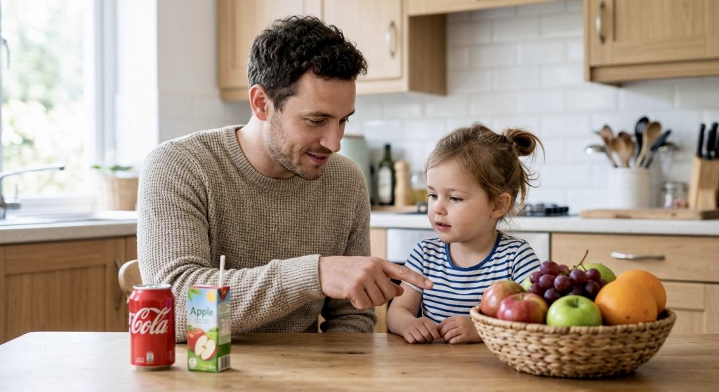 Prevenção do diabetes infantil: pai mostrando ao filho a diferença entre fruta inteira e bebidas açucaradas como estratégia de educação alimentar.