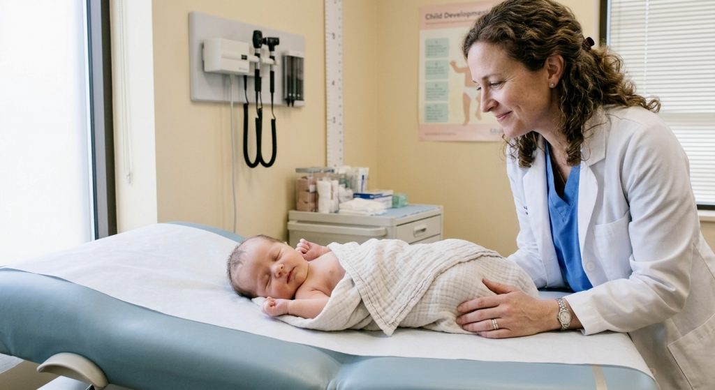 avaliação pediátrica do reflexo de Moro em bebês durante consulta neonatal