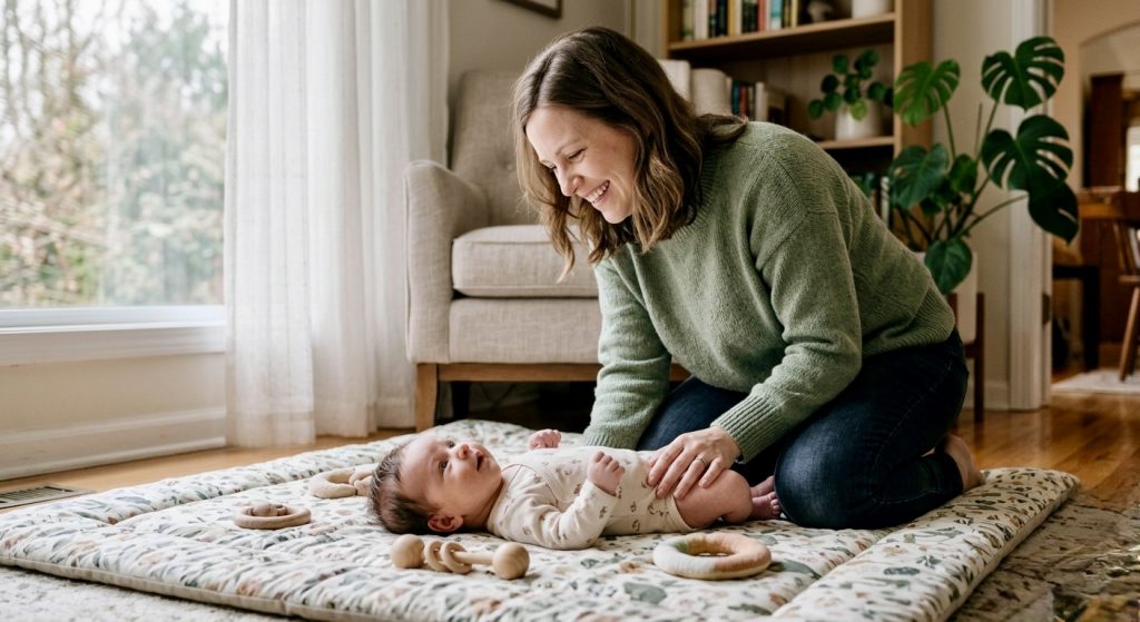 mãe feliz com bebê recém-nascido após aprender sobre o reflexo de Moro