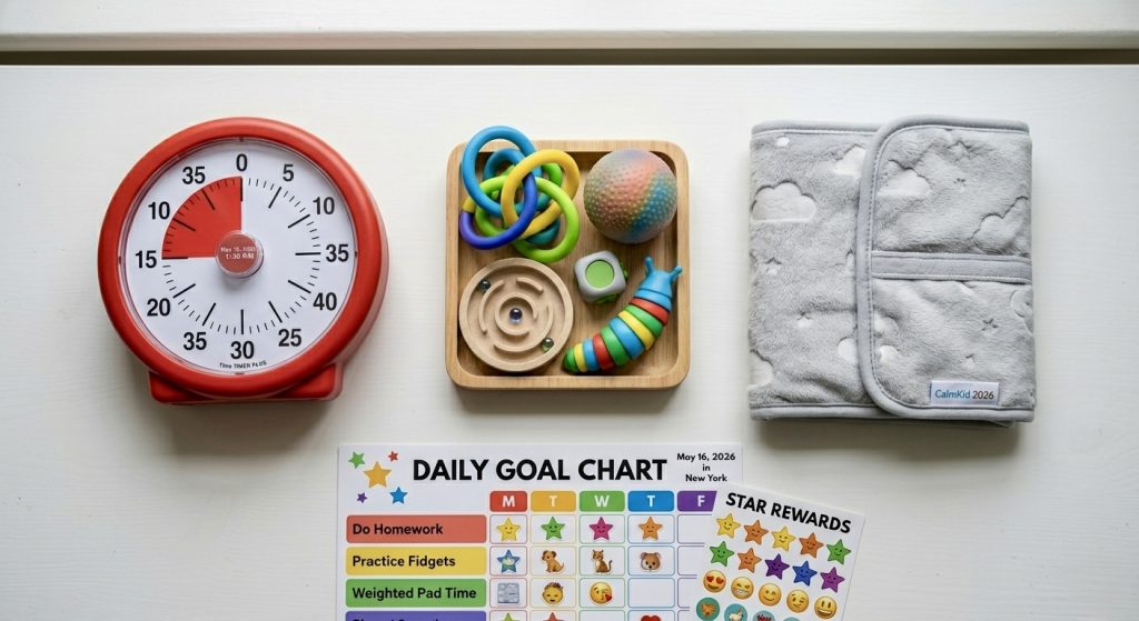 ferramentas de apoio para TDAH em crianças incluindo cobertor de peso fidgets e timer visual
