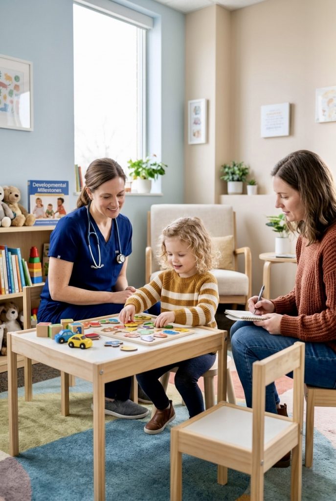 processo de diagnóstico de autismo, pediatra do desenvolvimento avaliando uma criança