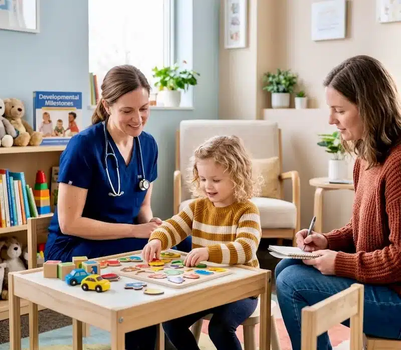 processo de diagnóstico de autismo, pediatra do desenvolvimento avaliando uma criança