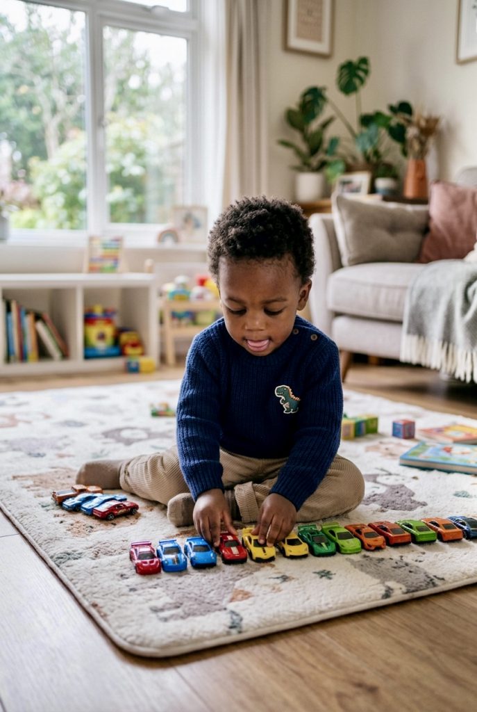 sinais precoces de autismo em crianças, criança pequena enfileirando brinquedos
