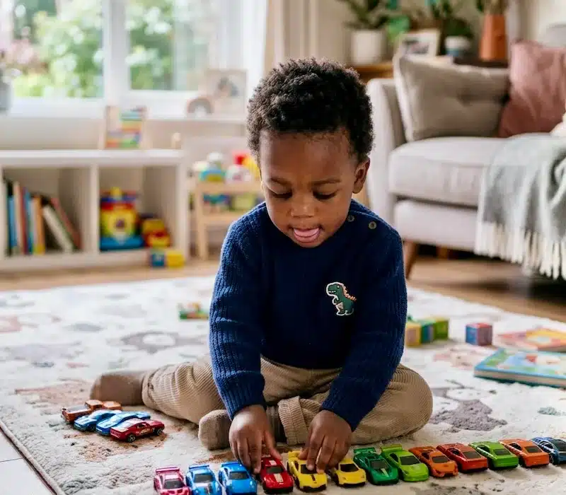 sinais precoces de autismo em crianças, criança pequena enfileirando brinquedos