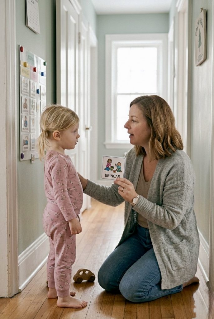 mãe usando cartão visual com a filha em estratégias de comunicação para autismo