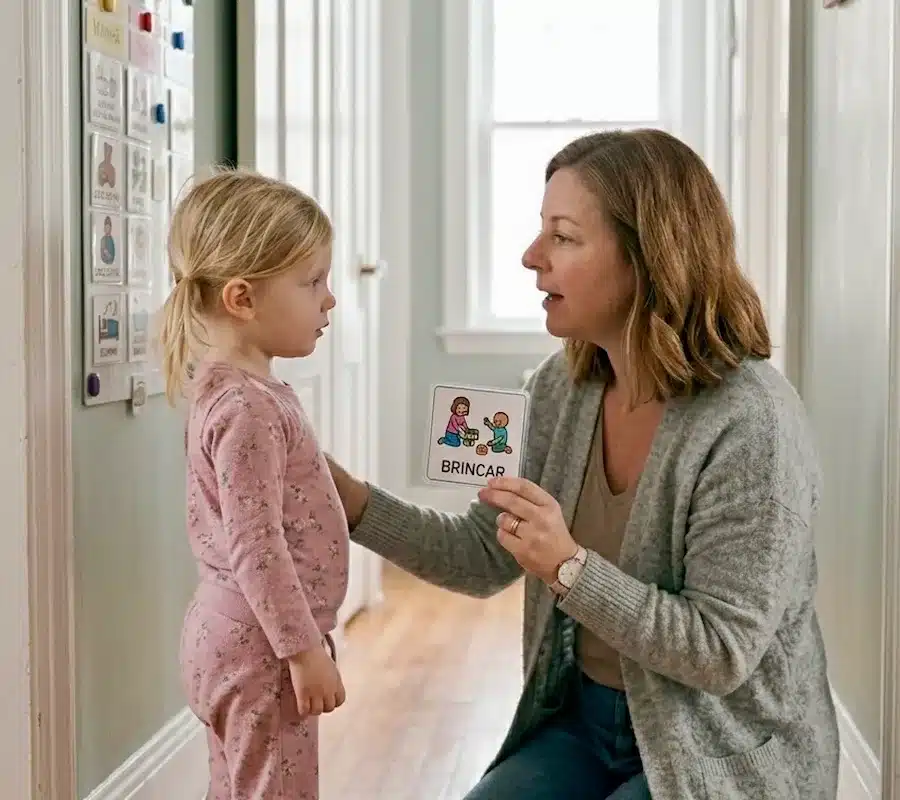 mãe usando cartão visual com a filha em estratégias de comunicação para autismo
