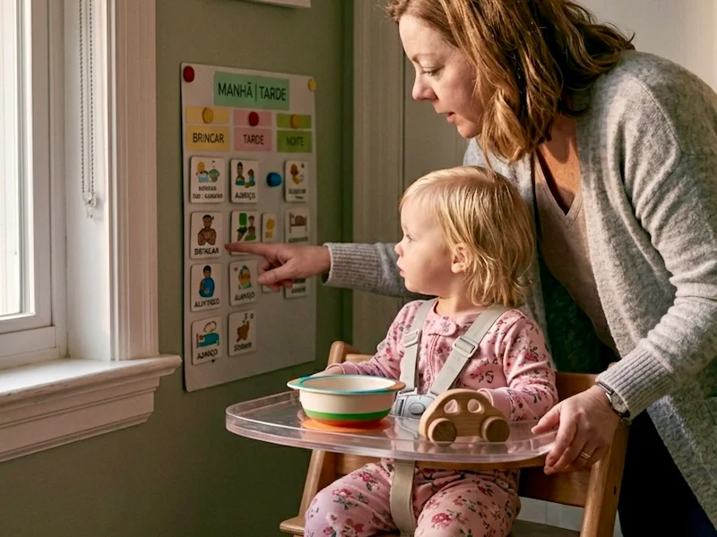 mãe e filha olhando juntos para o quadro visual da rotina diária para crianças autistas