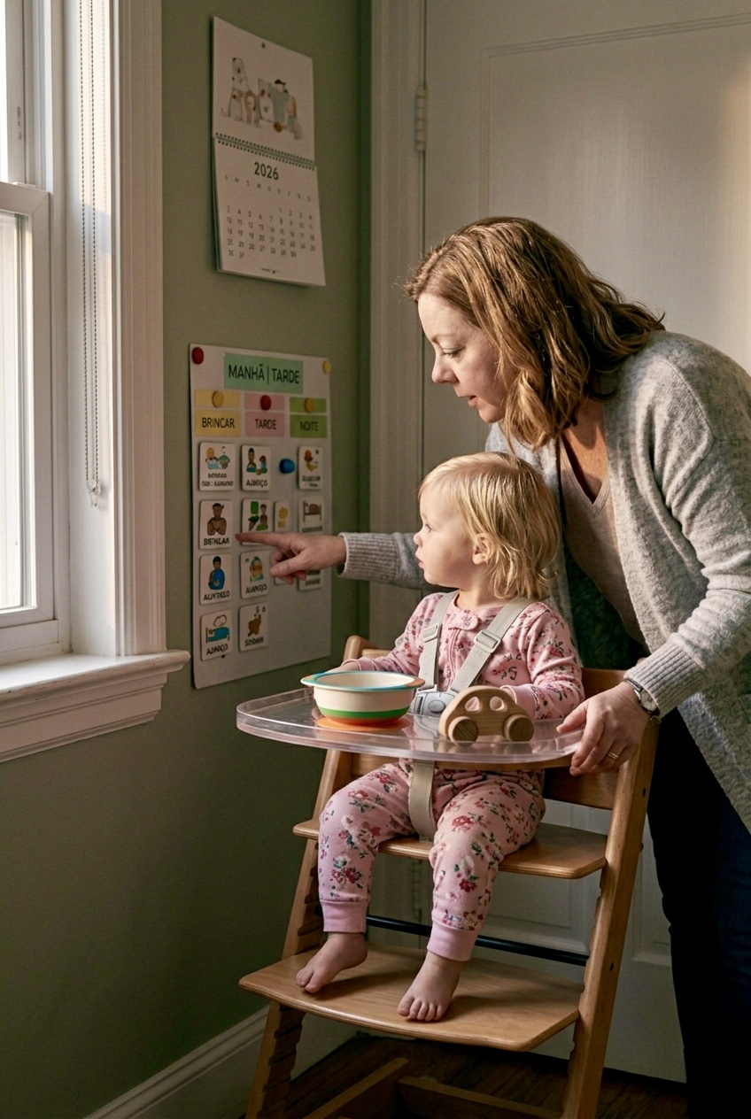 mãe e filha olhando juntos para o quadro visual da rotina diária para crianças autistas